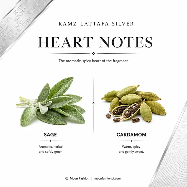 Ramz Lattafa Silver heart notes graphic showing sage and cardamom.