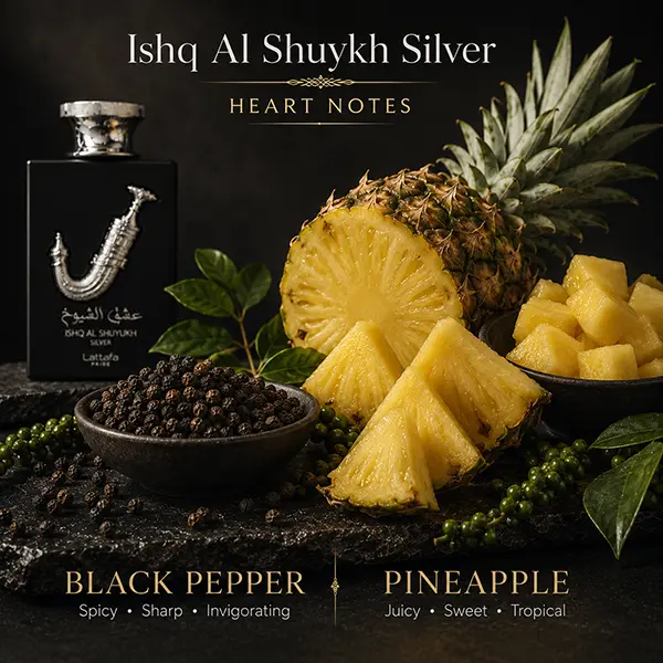Heart notes breakdown for Ishq Al Shuyukh Silver featuring an intriguing blend of fresh pineapple and black pepper.