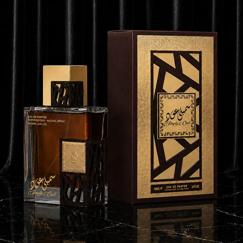 Simply Oud bottle and box angled together in dark studio lighting