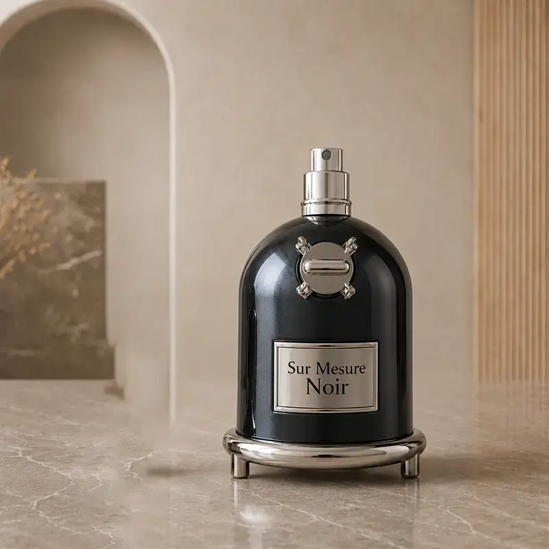 Uncapped Sur Mesure Noir bottle showing the silver spray nozzle and front label.