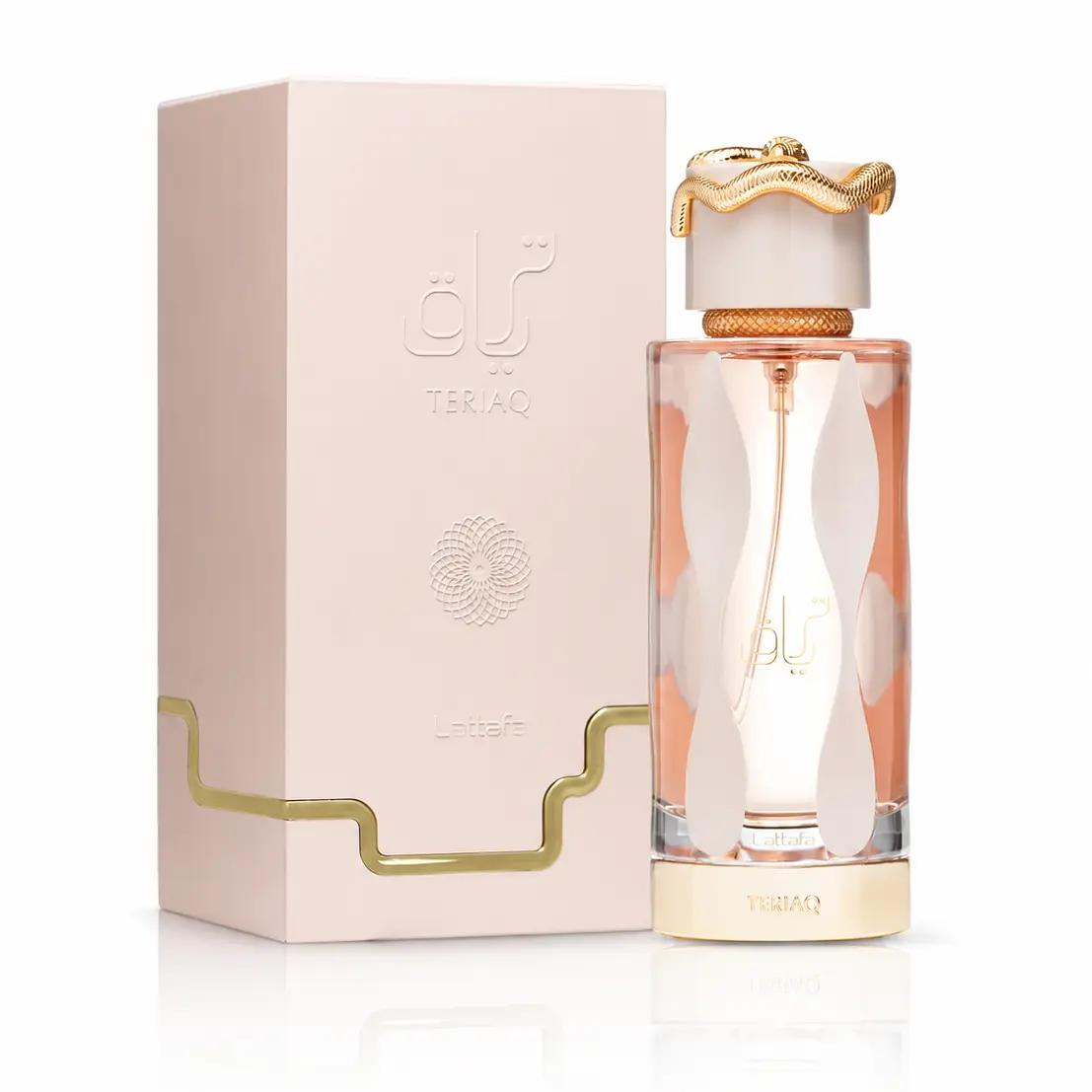 Blush pink Teriaq bottle and box set on a clean white ecommerce background
