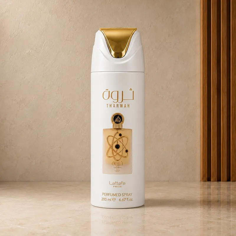 Lattafa Tharwah Gold 200 ml perfumed body spray in a white can with gold top and bottle graphic.