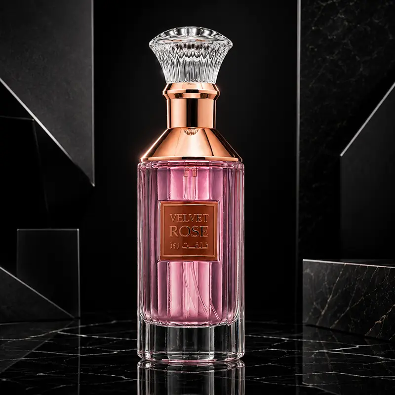 Luxury front view presentation of Lattafa Velvet Rose parfum bottle for women on a dark reflective surface.
