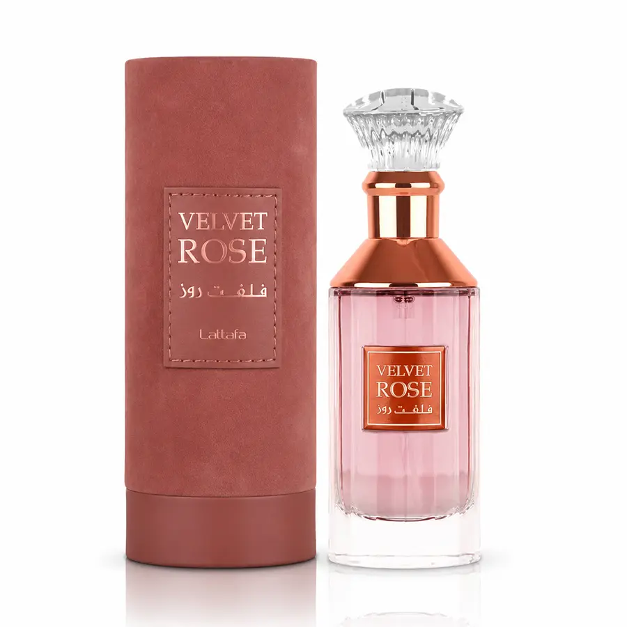 Elegant Lattafa Velvet Rose eau de parfum bottle standing alone featuring refined European luxury styling.