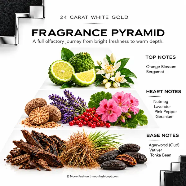Fragrance pyramid for 24 Carat White Gold showing its top, heart and base notes with botanical illustrations.