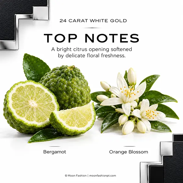Bergamot fruit and orange blossom flowers illustrating the top notes of Lattafa 24 Carat White Gold.
