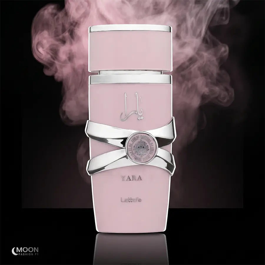 The iconic Lattafa Yara women's perfume in a soft pink bottle, capturing its signature amber vanilla essence.