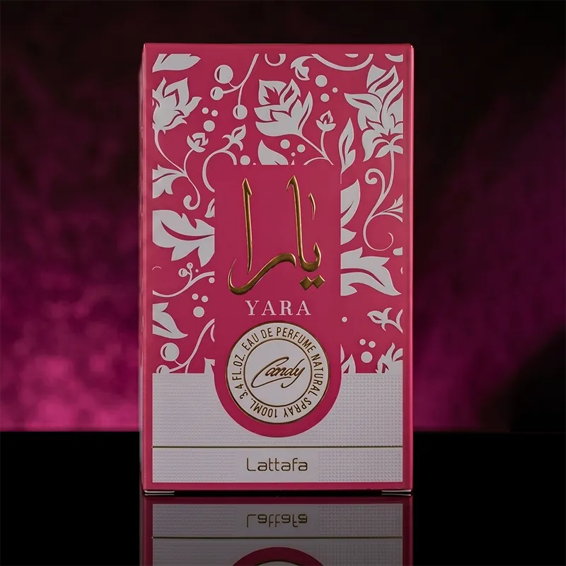 Front view of Lattafa Yara Candy women's fragrance packaging box showcasing intricate floral patterns and gold branding.