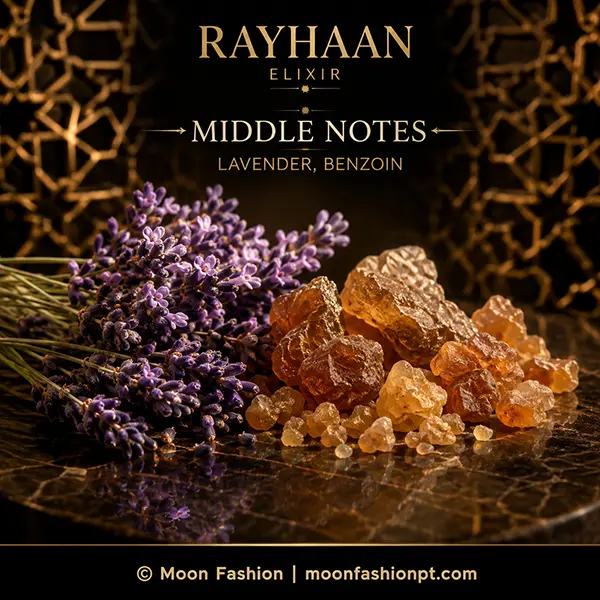 Lavender and benzoin presented as Rayhaan Elixir middle notes on a black and gold background.