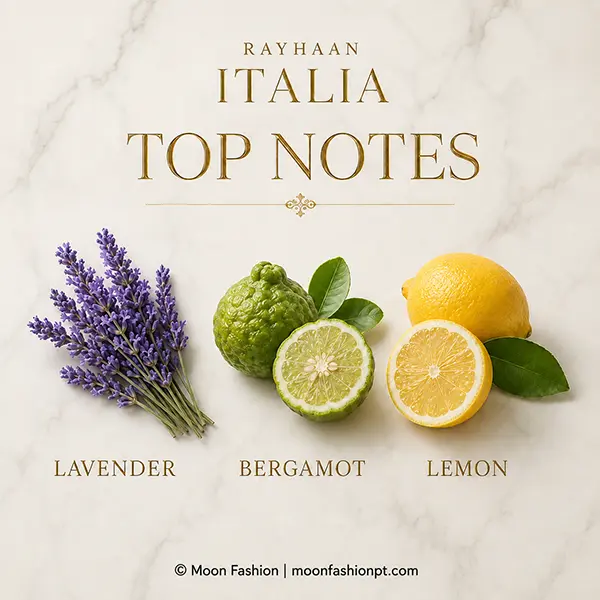 Lavender, bergamot and lemon shown as the top notes of Rayhaan Italia