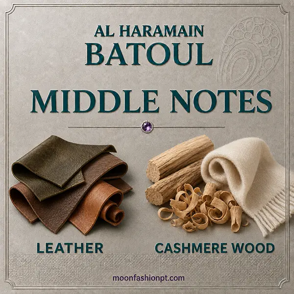 Leather swatches, pale wood shavings and cream cashmere illustrate the Batoul middle notes.