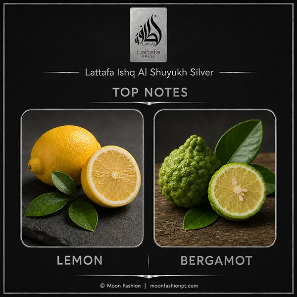 Ishq Al Shuyukh Silver top-notes graphic showing lemon and bergamot.