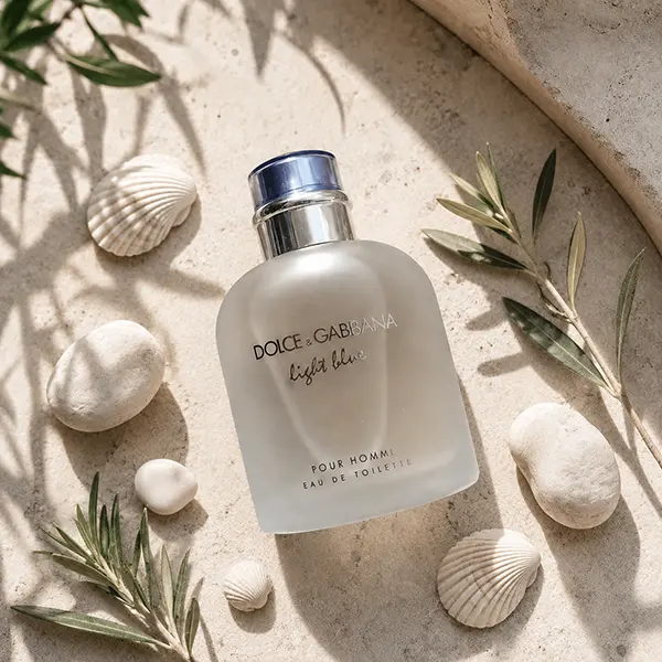 Pale stone flat lay with a Light Blue Pour Homme bottle, shells, white pebbles and green sprigs in warm sunlight.