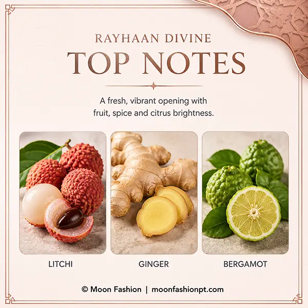 Top notes graphic for Rayhaan Divine showing litchi, ginger and bergamot.