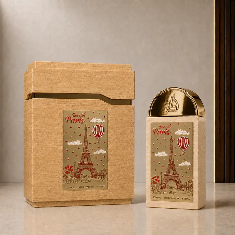 Love In Paris 100ml bottle displayed beside its matching beige presentation box