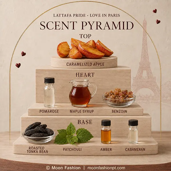 Scent-pyramid graphic showing the top, heart and base notes of Love In Paris