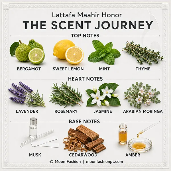 Full scent journey chart for Maahir Honor with labelled top, heart and base notes.