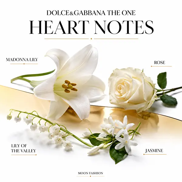 Madonna lily, rose, lily of the valley and jasmine displayed as The One heart notes