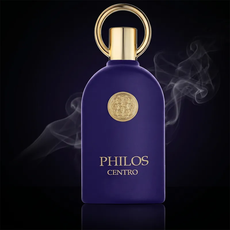 Front view of Philos Centro by Maison Alhambra, a purple velvet-textured unisex Eau de Parfum bottle.