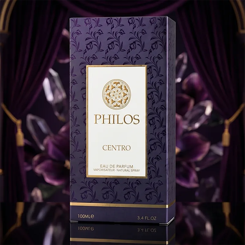Premium purple and gold floral pattern packaging for Maison Alhambra Philos Centro 100ml unisex fragrance.