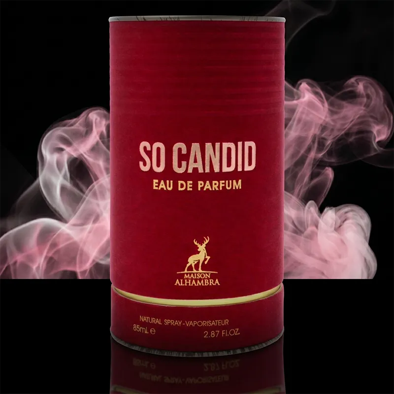 Luxury red cylindrical velvet box of Maison Alhambra So Candid women's Arabic perfume, 85ml edition.