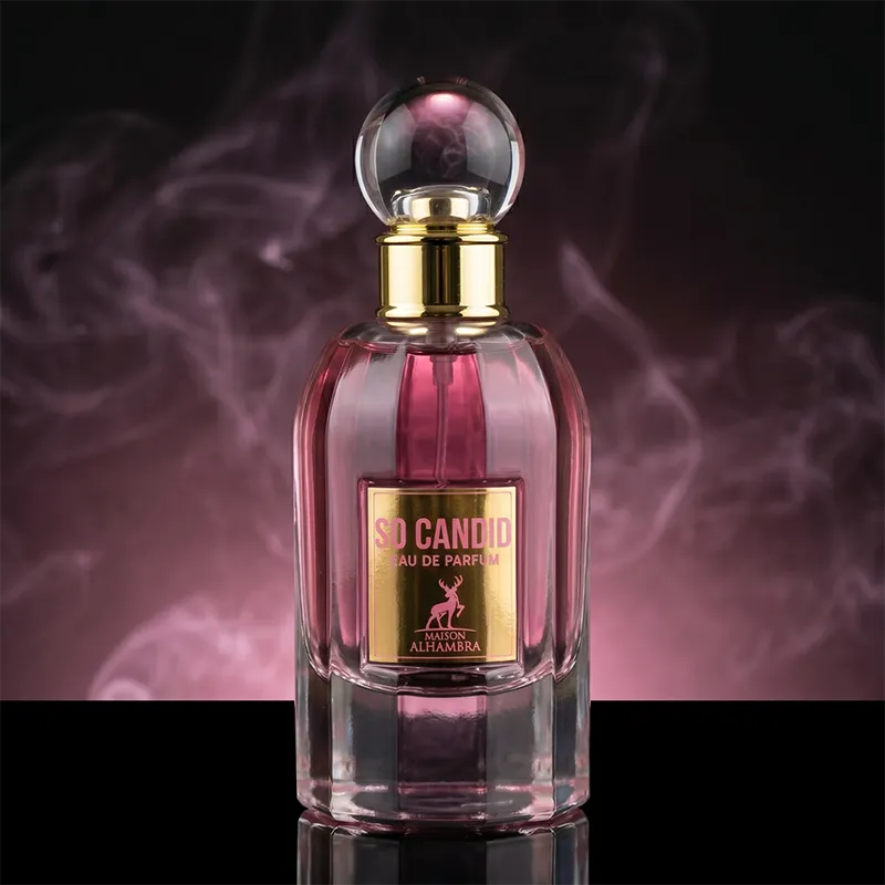 Maison Alhambra So Candid for women EDP in elegant pink glass bottle with floral notes of jasmine and tuberose.