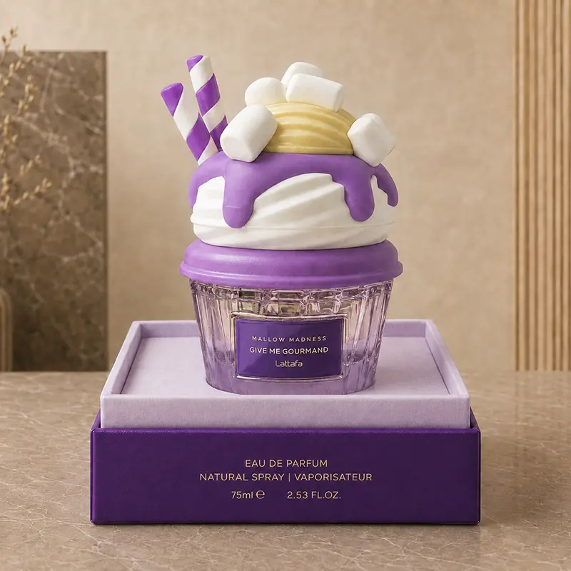 Mallow Madness bottle displayed upright in its open purple inner box on a stone surface.