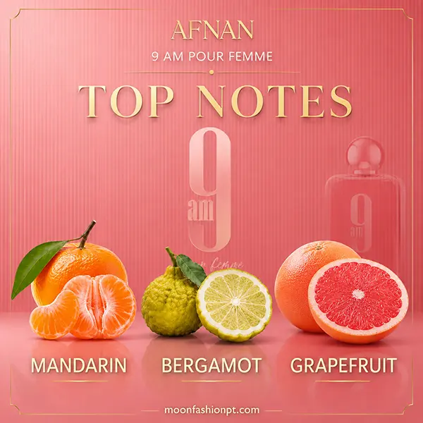 Mandarin, bergamot and grapefruit shown as the top notes of Afnan 9 AM Pour Femme
