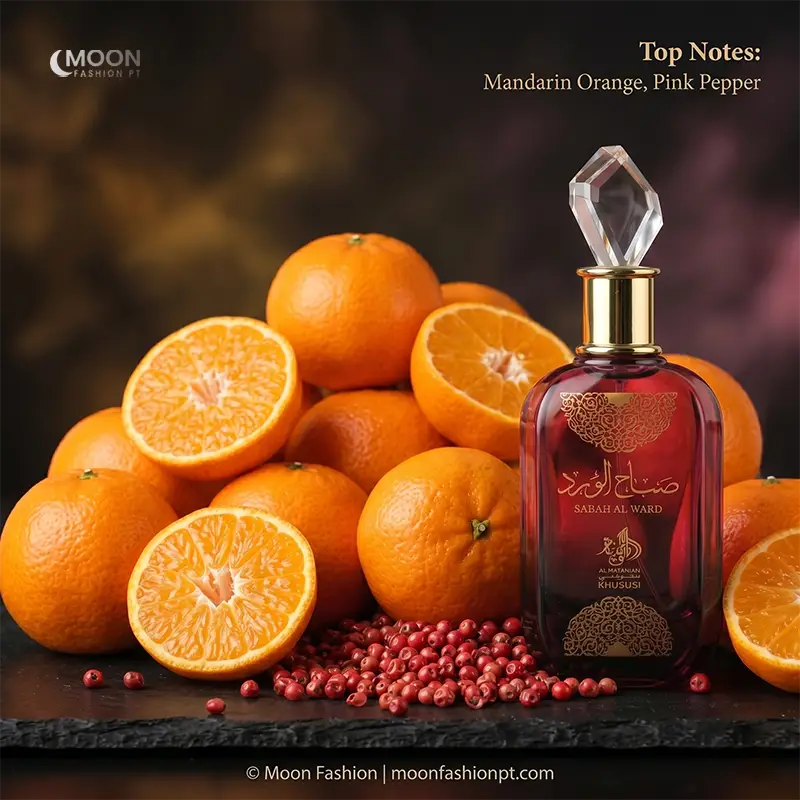Al Wataniah Sabah Al Ward for women opens with mandarin and pink pepper notes for a fresh and long-lasting energy.