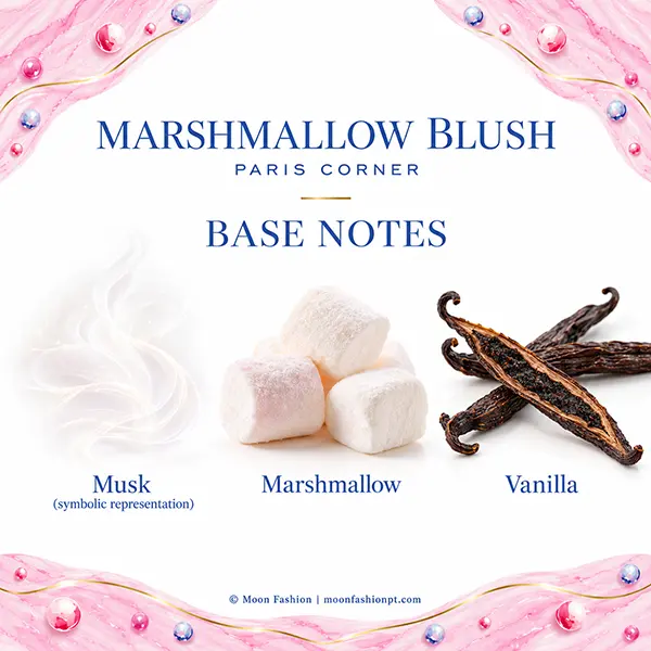 Marshmallow Blush base notes shown with symbolic musk, white marshmallows and split vanilla pods.