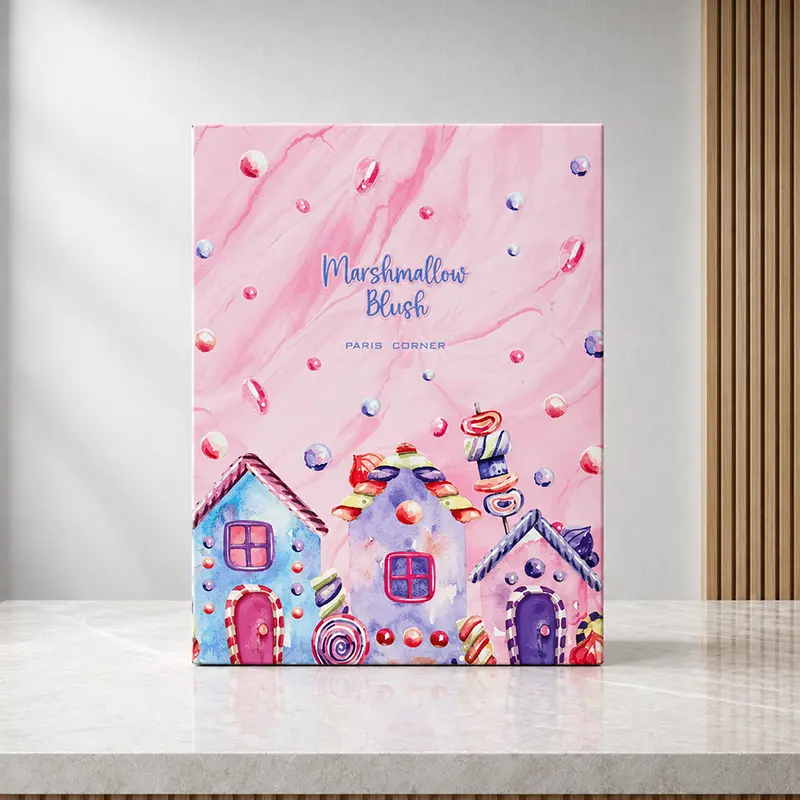 Marshmallow Blush box front with pink marbling and pastel candy houses by Paris Corner.