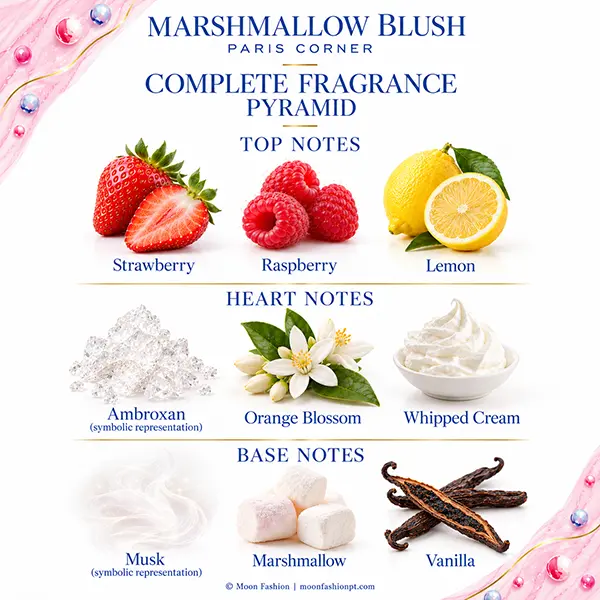 Marshmallow Blush fragrance pyramid showing all nine top, heart and base notes, with symbolic Ambroxan and musk.