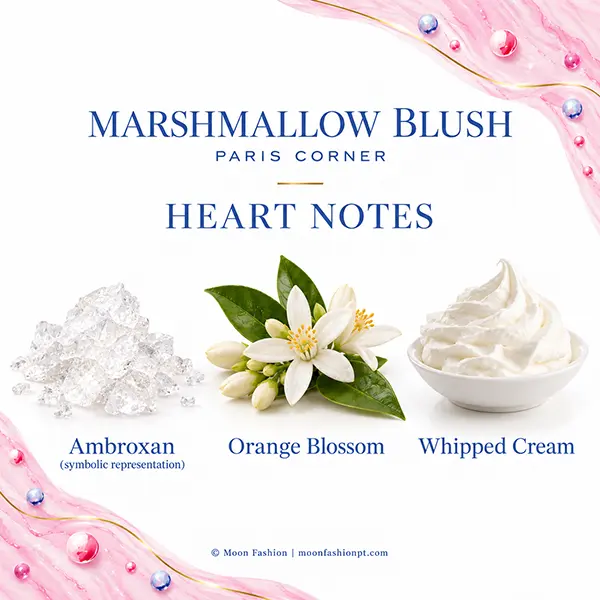 Marshmallow Blush heart notes: symbolic Ambroxan, orange blossom and whipped cream.