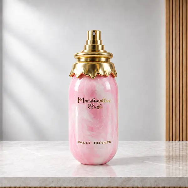 Uncapped Marshmallow Blush bottle showing its gold spray atomiser, scalloped collar and pink marbled finish.