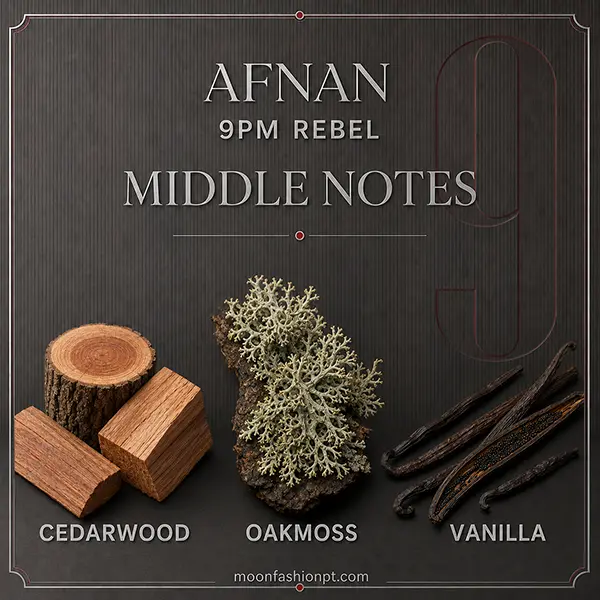 Cedarwood, oakmoss and vanilla shown as the middle notes of Afnan 9PM Rebel