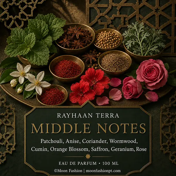 Middle notes arrangement with patchouli, anise, coriander, wormwood, cumin, saffron, flowers and rose.