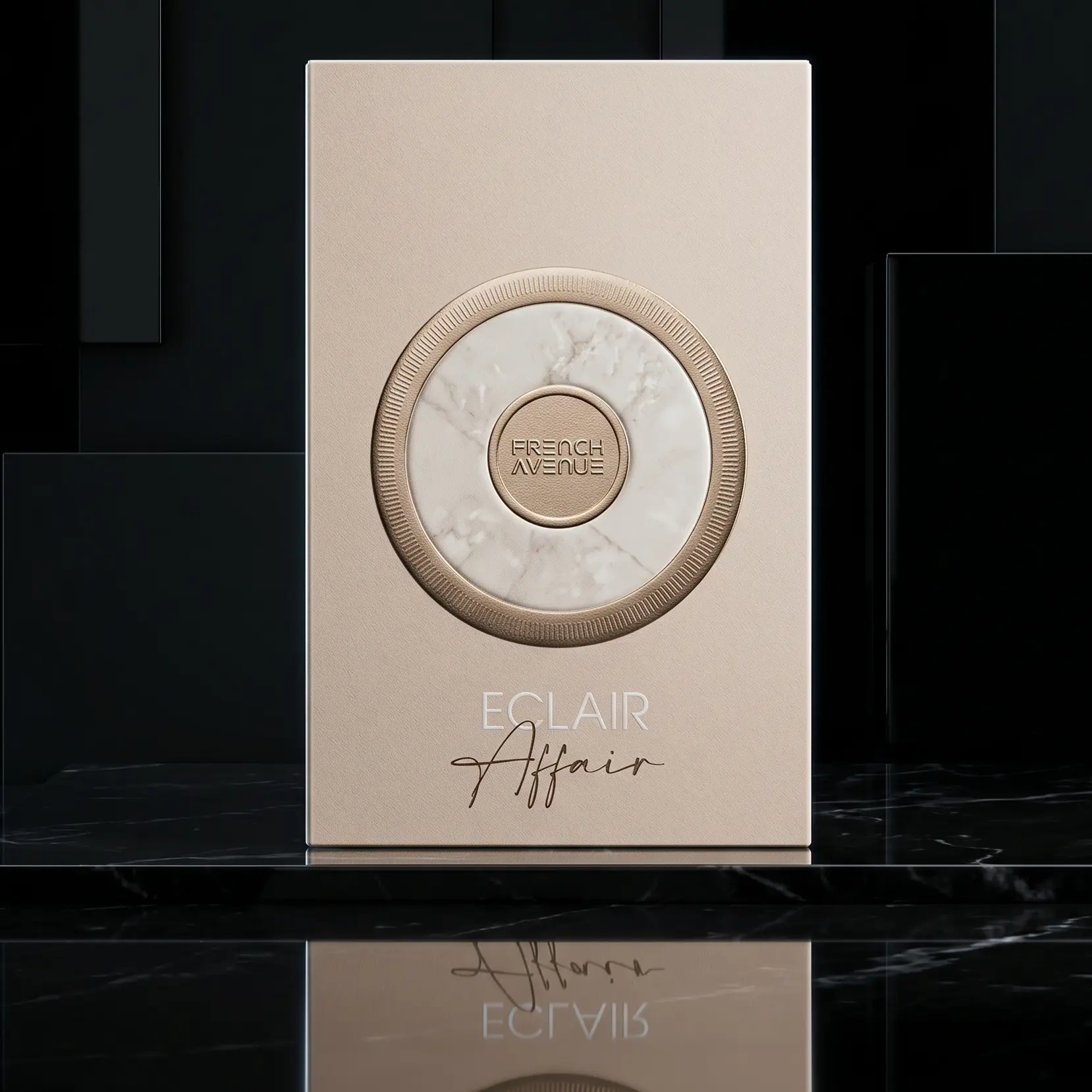 Exquisite beige box of French Avenue Eclair Affair Eau de Parfum, a premium addition to any collection.
