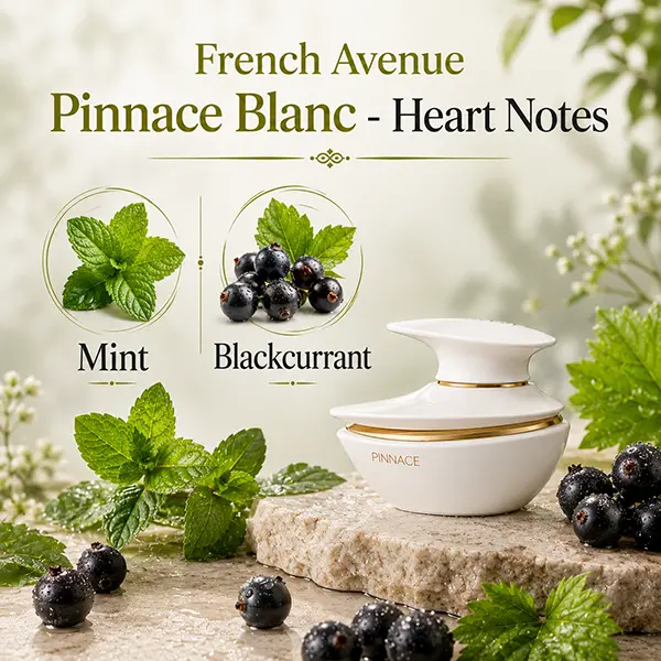 Heart notes illustration for Pinnace Blanc featuring mint freshness and blackcurrant aroma accents.