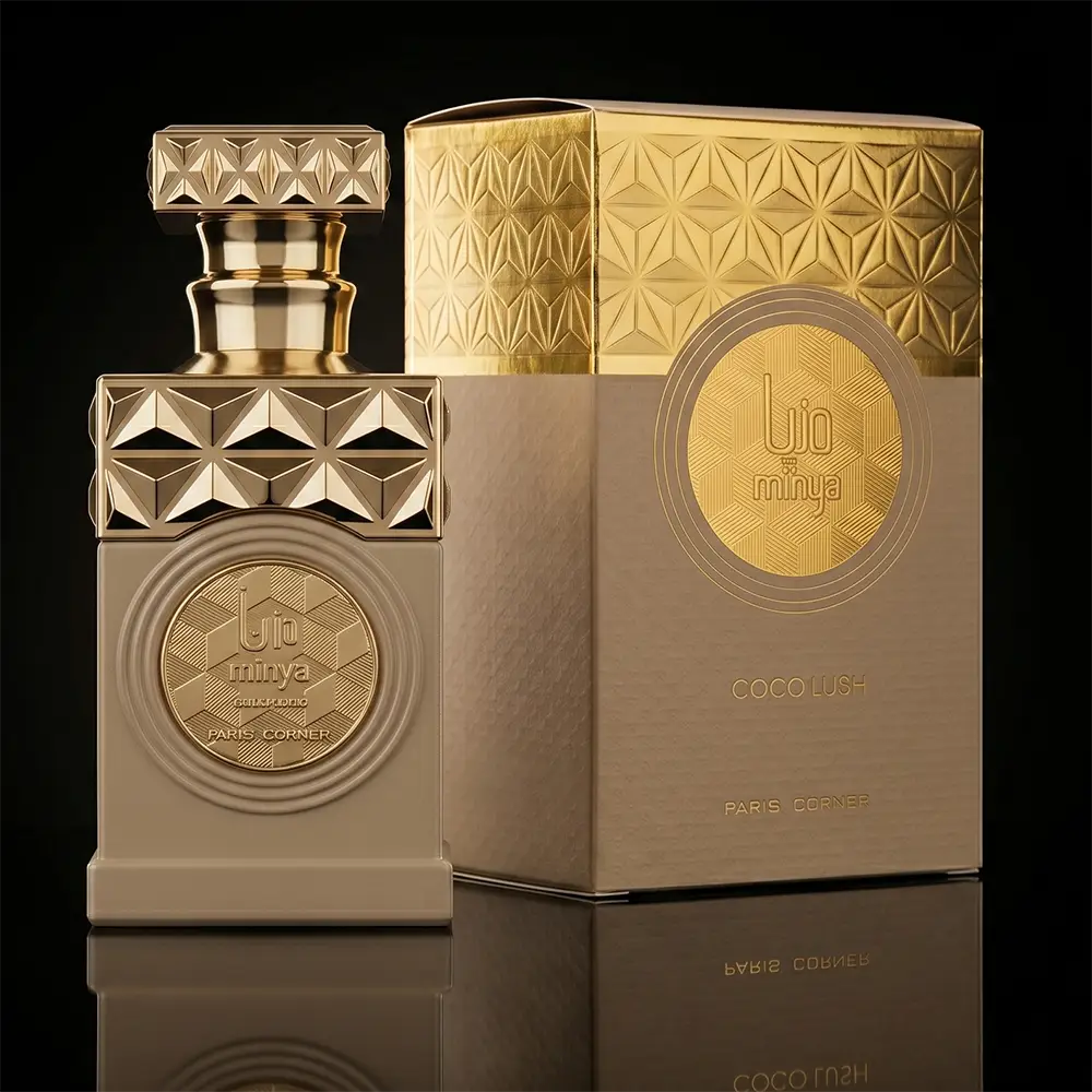 Luxurious presentation of Paris Corner Minya Coco Lush for men and women, featuring the signature geometric bottle and elegant box.