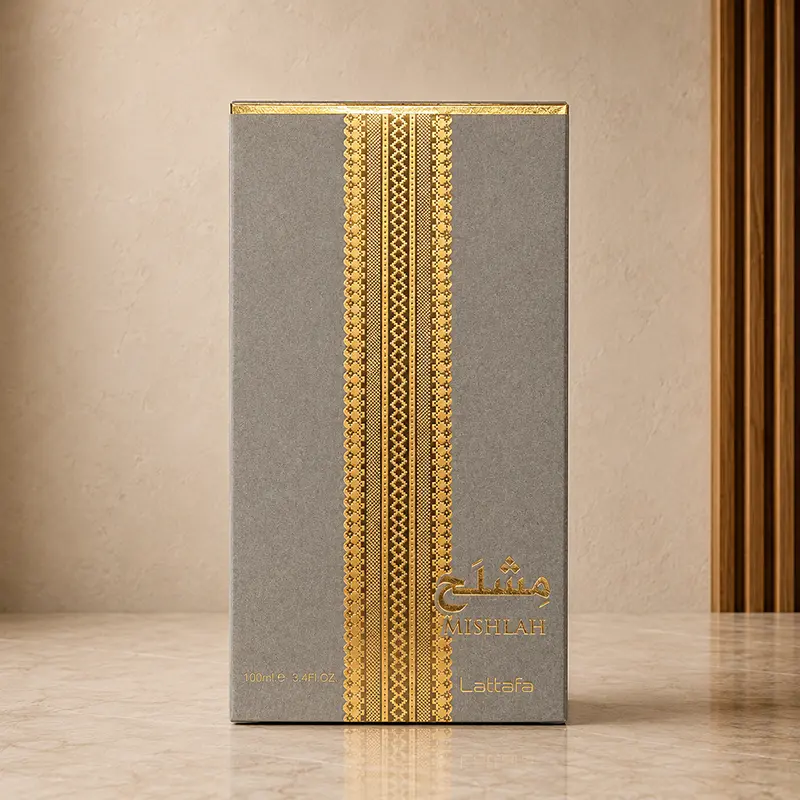 Grey Mishlah 100 ml box with gold patterning and Lattafa branding.