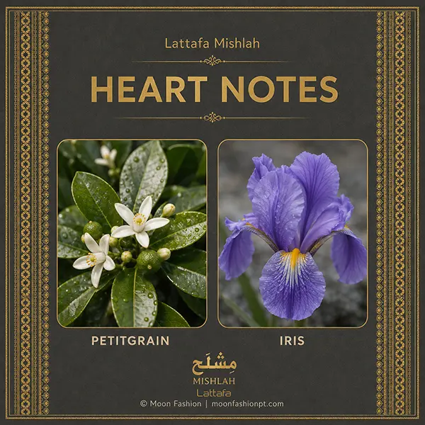 Mishlah heart notes graphic showing petitgrain and iris.
