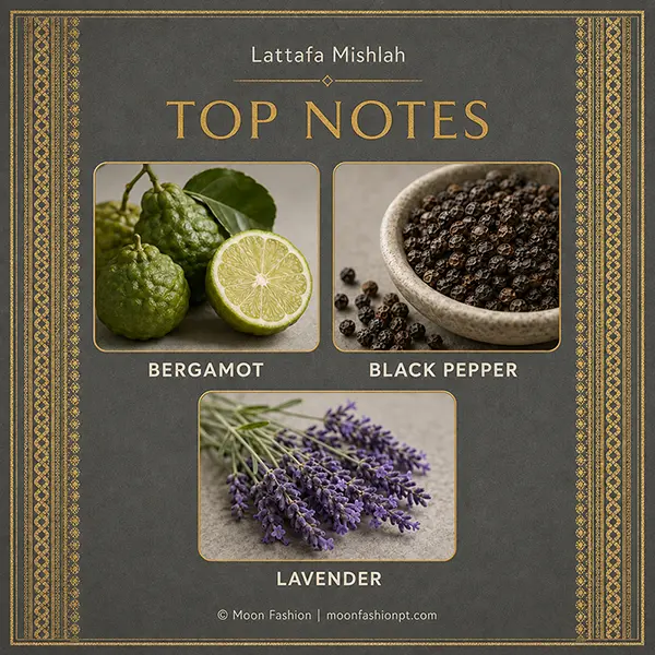 Mishlah top notes graphic showing bergamot, black pepper and lavender.