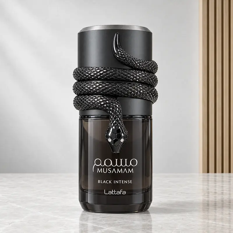 Musamam Black Intense bottle upright in the studio, showing the snake-wrapped cap and front branding.
