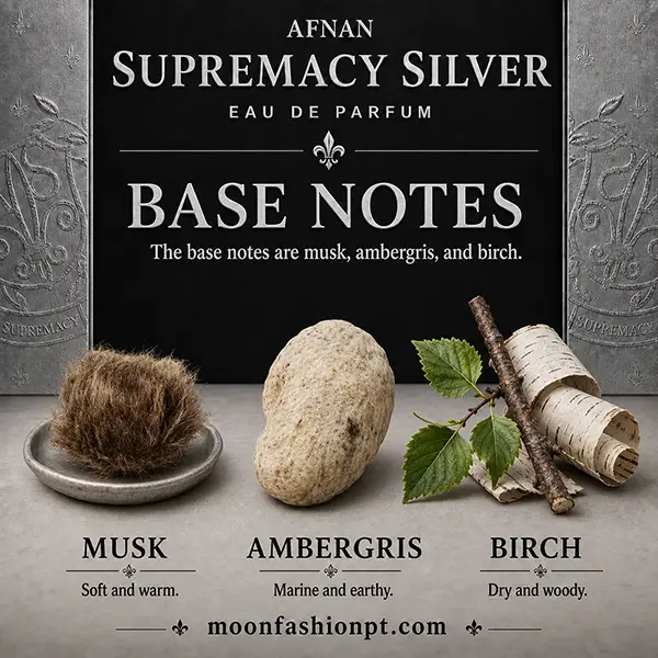 Musk, ambergris and birch materials depict the base notes of Afnan Supremacy Silver