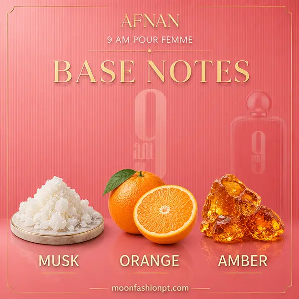 Musk, orange and amber represented as the base notes of Afnan 9 AM Pour Femme