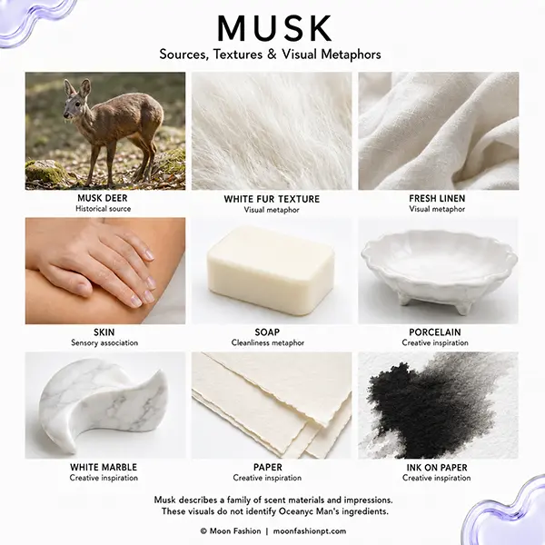 Nine musk visuals: deer, white fur, linen, skin, soap, porcelain, marble, paper and ink, labelled by association.