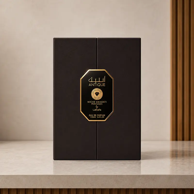 Dark Niche Emarati Antique presentation box shown closed from the front with gold-edged label.