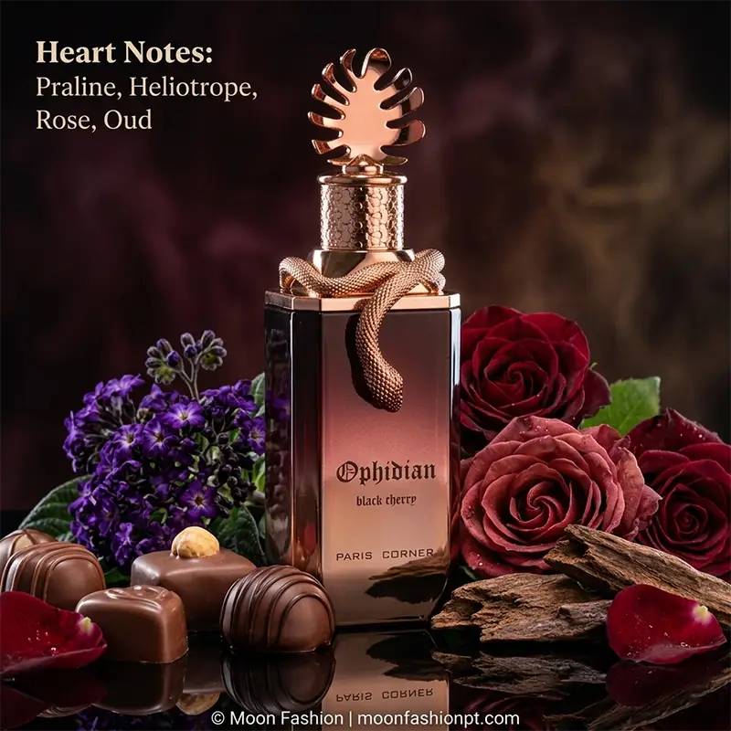 Heart notes of rose, oud, and praline in Paris Corner Ophidian Black Cherry for a deep unisex scent trail.