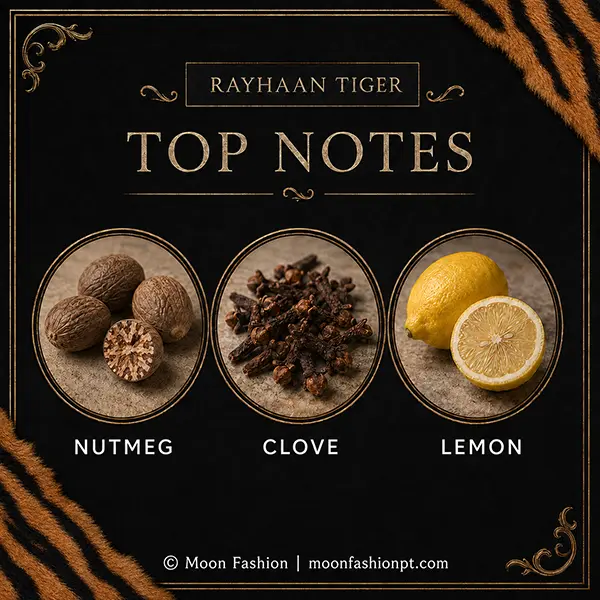Nutmeg, clove and lemon arranged in the Rayhaan Tiger top-notes graphic.