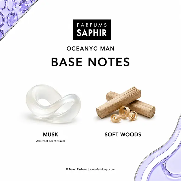 Base notes of Oceanyc Man: an abstract musk visual beside pale wood pieces representing soft woods.